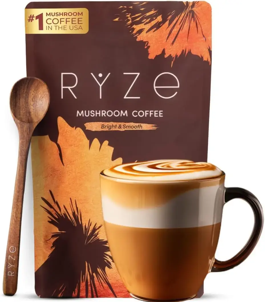 RYZE SUPERFOODS Organic Mushroom Coffee Powder - USDA Organic Medium Roast, USA-Grown Instant Healthy Beverage with 6 Adaptogenic Mushrooms (Lions Mane, Turkey Tail), No Sneaky Additives, Energy Boost Support for Focus, Digestion, Immunity, 30 Servings