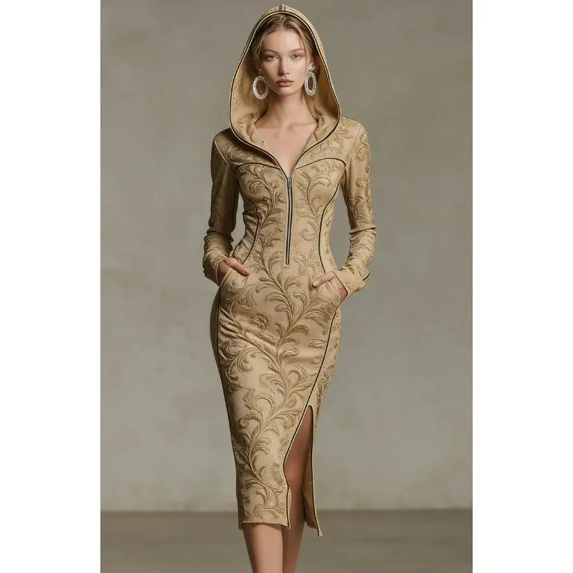Women's Hooded Slim Fit Side Split Midi Dress – Contrast Hood Pocket Detail