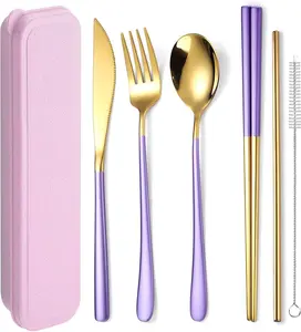 6 count 18/8 Stainless Steel Flatware Set Portable  Cutlery Set Travel Utensils Set Including Chopsticks  Fork Spoon Straws Cleaning Brush Dishwasher Safe (Purple golden)