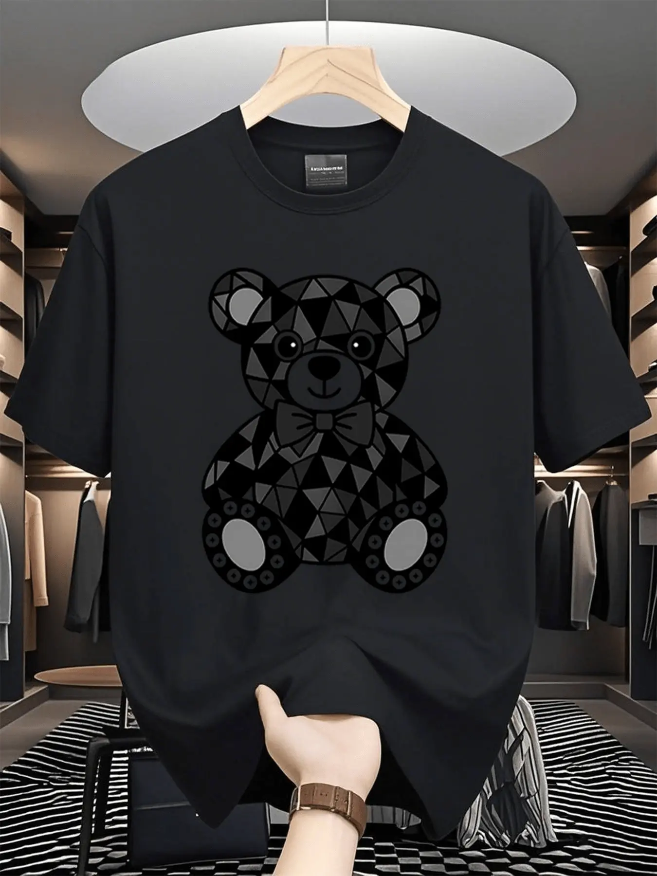Men's Geometric Bear T-Shirt and Black Modern Printed Pattern, Round Neck, Unisex, Breathable, Versatile, Machine Washable, Comfortable, Daily, Casual, Sports, Summer Essential