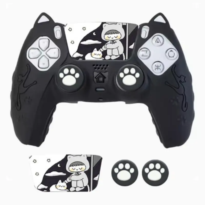 Kawaii Cat Ear Silicone Protective Cover Skin for PS5 Controller, with FREE Matching Cat Paw Thumb Grips & Cute Cat Sticker, Anti-Slip Shockproof Ergonomic Grip Case for PlayStation 5 DualSense extends playtime，enhance gaming，ps5 gear，father's day gift.
