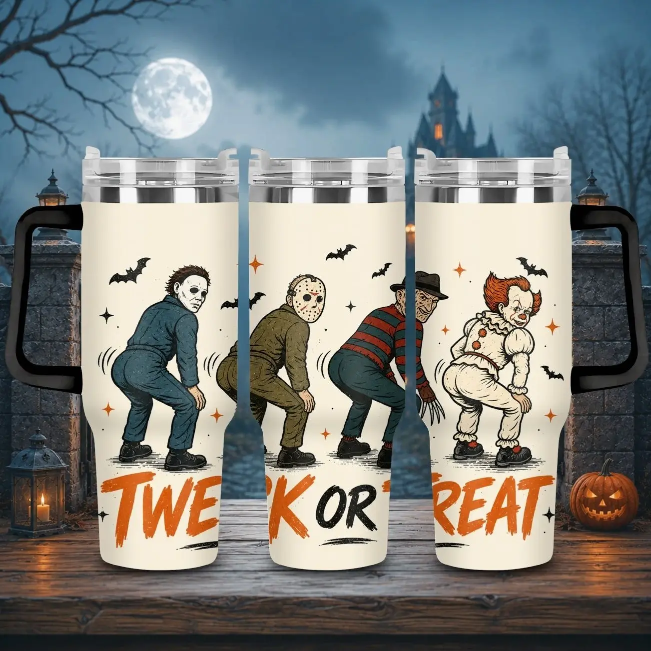 Twerk Or Treat Horror 40oz Tumbler with Handle and Straw, Freddy Krueger Jason Voorhees Michael Myers Ghostface Pennywise Chucky Leatherface Pinhead Character Collage Cup, Halloween Horror Movie Insulated Mug, Scary Slasher Fan Gift, Spooky Drinkware