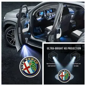 4-Pack Alfa Romeo Logo Car Door LED Welcome Projector Lights, Compatible with Alfa Romeo Giulia/Stelvio/4C Series Vehicles, Peel-and-Stick Non-Destructive Drill-Free Waterproof Courtesy Lights