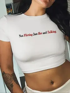 Women's Letter Print Round Neck Crop Tee, Y2K Trendy Casual Short Sleeve T-shirt for Daily Wear, Ladies Summer Outfit, Graphic Print Top