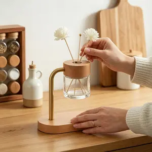 Wooden Metal Frame Reed Diffuser Kit, 50ML Glass Bottle with Flower Diffuser Sticks, Home Hotel Scent Decor Accessories, No Essential Oil