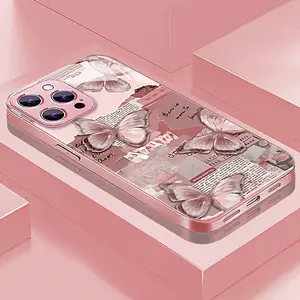 Aesthetic Pink Butterfly Collage Metallic Paint Glass Phone Case for iPhone 17 Pro Max/16 Plus/15/14/13/12/11 Air | Shockproof Full Lens Coverage