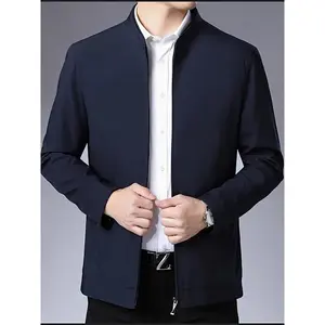 Elegant Men's Lightweight Business Casual Jacket - Solid Color, Stand Collar, Zip-Up with Side Pockets, Polyester, Perfect for Spring & Autumn