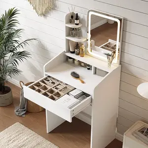 Dowinx Small Vanity Desk with Mirror and Lights, Makeup Vanity with Drawer & Storage Shelves, Makeup Desk with 3 Lighting Modes & Adjustable Brightness, Dressing Table for Women Girls Bedroom