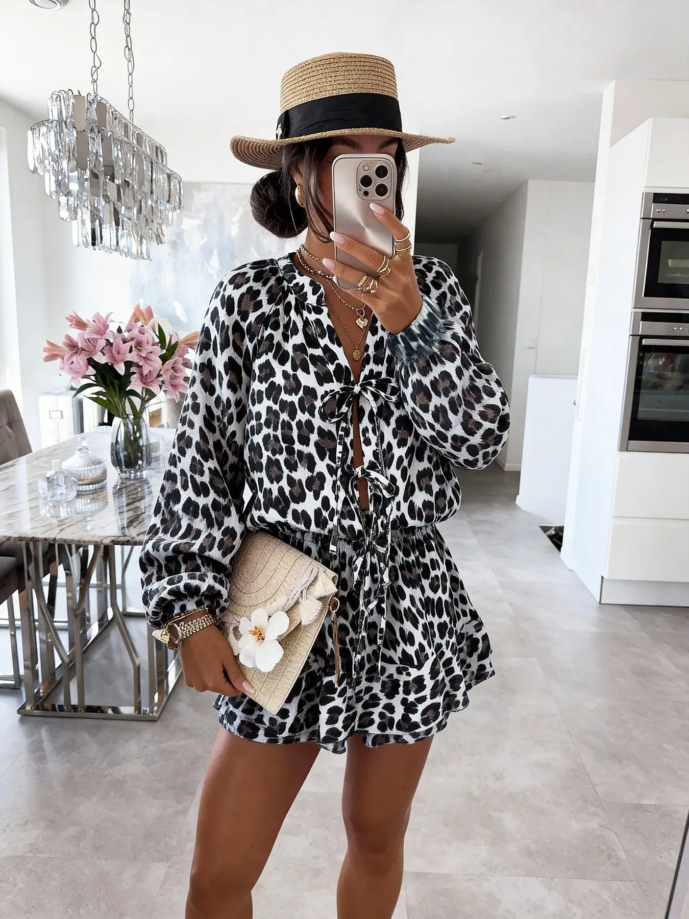 Women's Boho Bohemian Leopard Print Loose Long Sleeve Jumpsuit, Stylish and Versatile One-Piece for Vacation and Casual Wear Womenswear