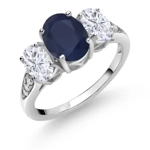 10K White Gold 3-Stone Oval Engagement Ring for Women | Gemstone Birthstone Moissanite & Lab Grown Diamond | 8X6MM 6X4MM | Wedding Anniversary Ring