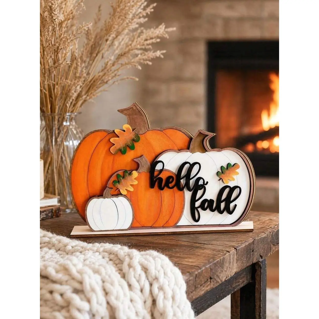Wooden Pumpkin Tabletop Decor, Fall Harvest Centerpiece with Leaves and Berries, Farmhouse Thanksgiving Tiered Tray Autumn Home Decorations