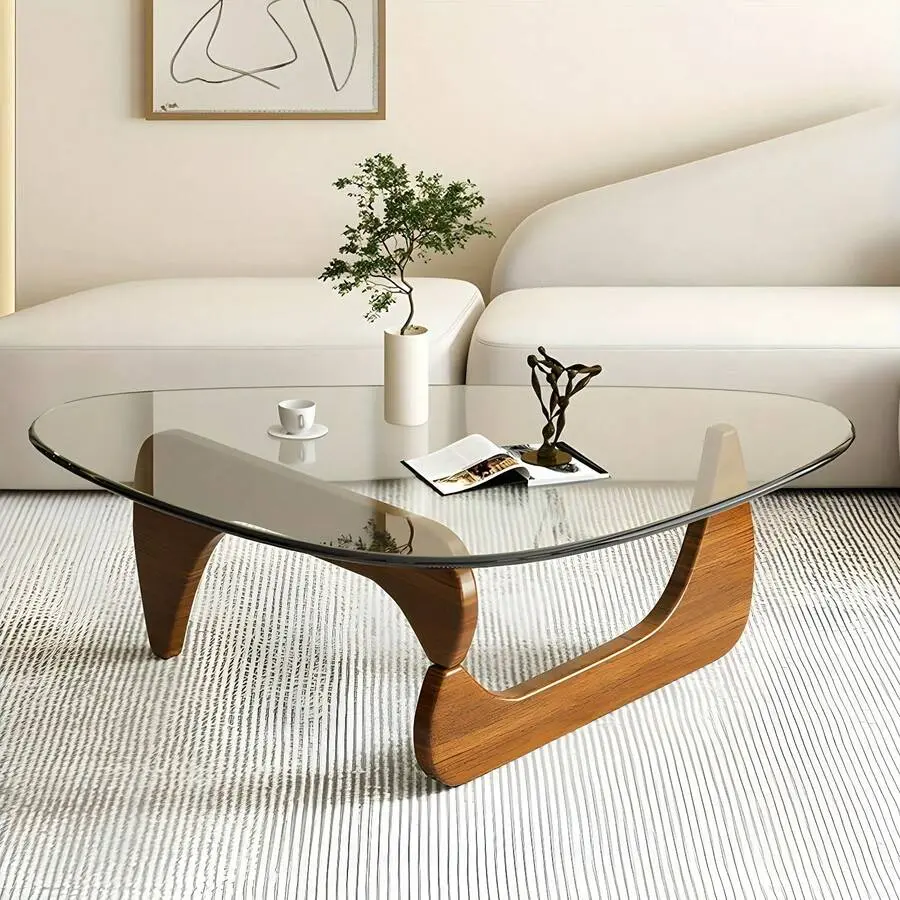 Living Room Coffee  - A Triangular Glass Coffee  With A Wooden Base. Abstract Dining , Study Room, Office, Hotel Balcony (Walnut TransparentWoodBlack Tea ), Versatile And Comfortable Mirrored Console Table Inlay Marble Mobile Standing Desk Wheels