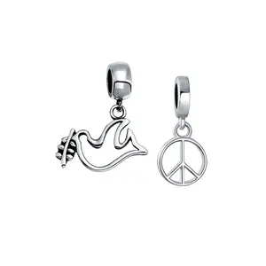 Sterling Silver World Peace Sign & Olive Branch Dove Love Bird Dangle Charm Bead for Bracelet (Set)