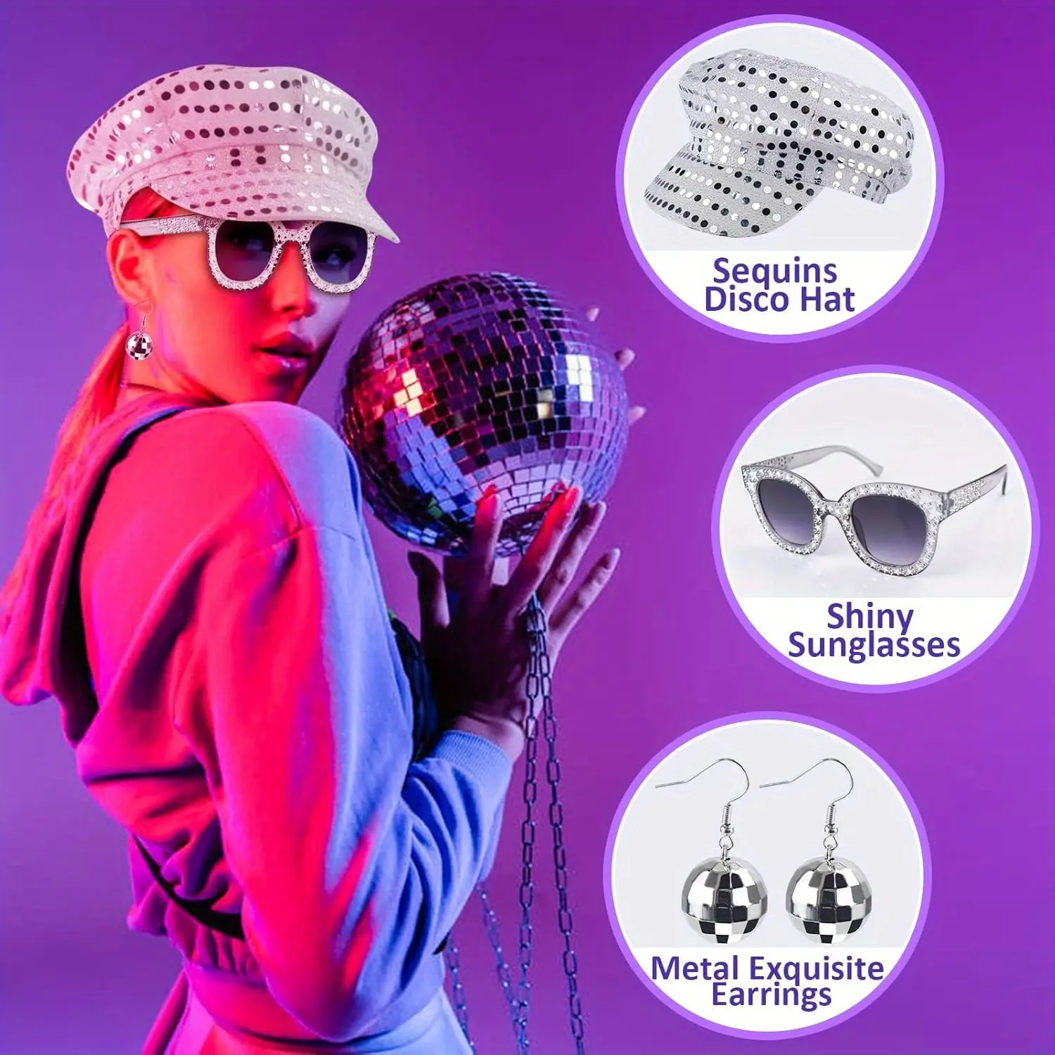 Women's Bling 3-Piece Vintage Disco Costume Set - Sequined Octagonal Hat, Lightweight Plastic Sunglasses, Acrylic Geometric Earrings, 70s-80s Party Accessory, One Size Fit for Daily Outfit