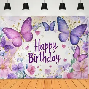 1 PC 2D Flat Banner Backdrop Dreamy Butterfly Floral Happy Birthday Party Decoration Photography Background For Kids Girls Celebration