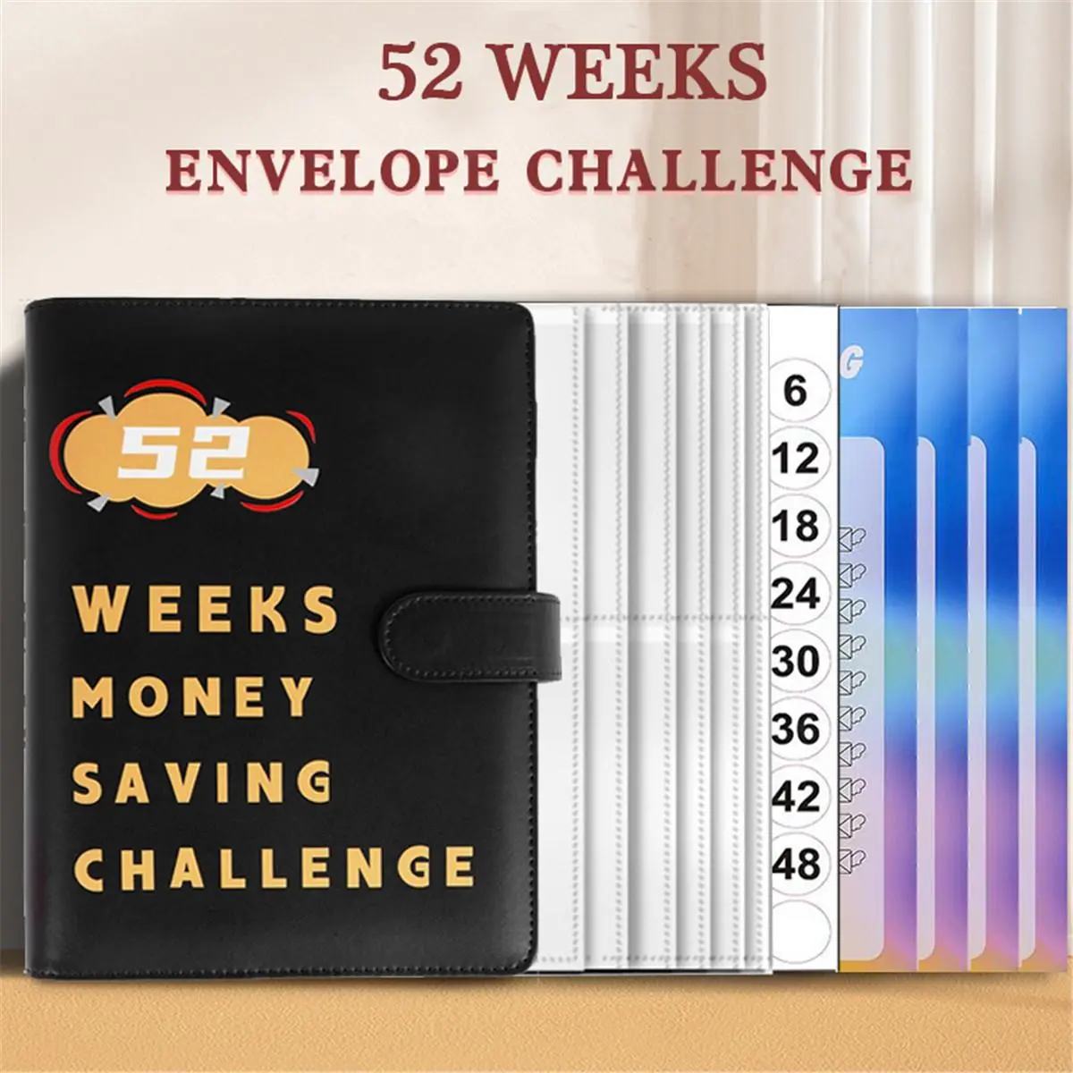 A5 PU Leather Savings Challenge Binder - Office Stationery Supplies, Waterproof Portable Planner with 52 Envelopes for Budget Management
