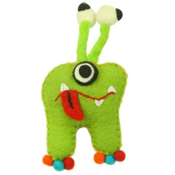 Monster Green Hand-Felted Tooth Monster Cat Toy - Soft Stuffed Figure, Felt Plush, Fair Trade, Colorful Design, Bug Eyes, Tooth Holder, Personal Use, Stuffed Animals