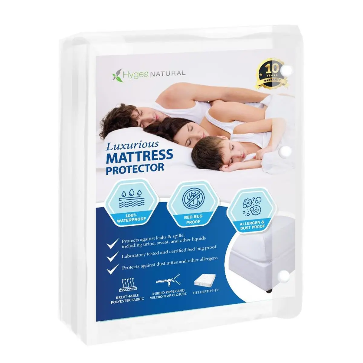 Hygea Natural Mattress Cover Protector - Queen Size, 3-Sided Zipper, 60"x80"x9"-15", Fits 9"-15" Bed Bug Protection Bedding