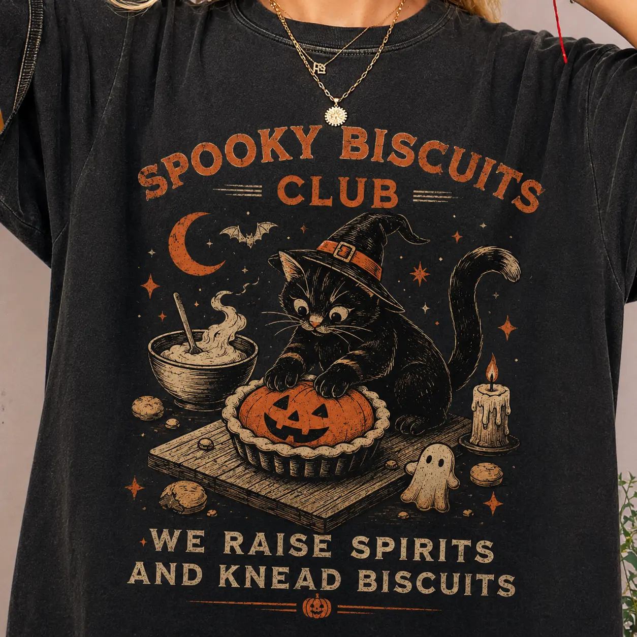 Comfort Colors Spooky Biscuits Club Shirt , Black Cat Halloween Baking T-Shirt/ Sweatshirt/ Hoodie, Cute Baker Fall Outfit - HUNTWEAR SHOP