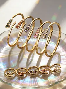 Sweetheart Colored Cubic Zirconia Spiral Bangle & Ring Set, Multiple Colors Available, Gold Plated Sweet Girl Style Daily Wear Statement Jewelry, Perfect for Date Night & Party Glam