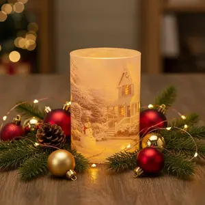 Winter Christmas Scene LED Glass Pillar Candle with Warm Flickering Light, 4x6 Inch Flameless Battery Operated Candle with Timer, Decorative Holiday Home Decor