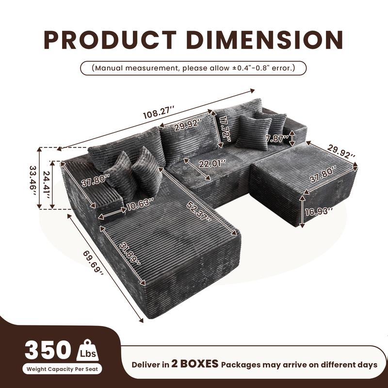 Modern 108" Boneless Couch Cloud Modular Sectional Sofa With Removable Ottomans & Chaise - Plush Corduroy , Deep Seat, Upholstered Couches, No Assembly Required for Living Room