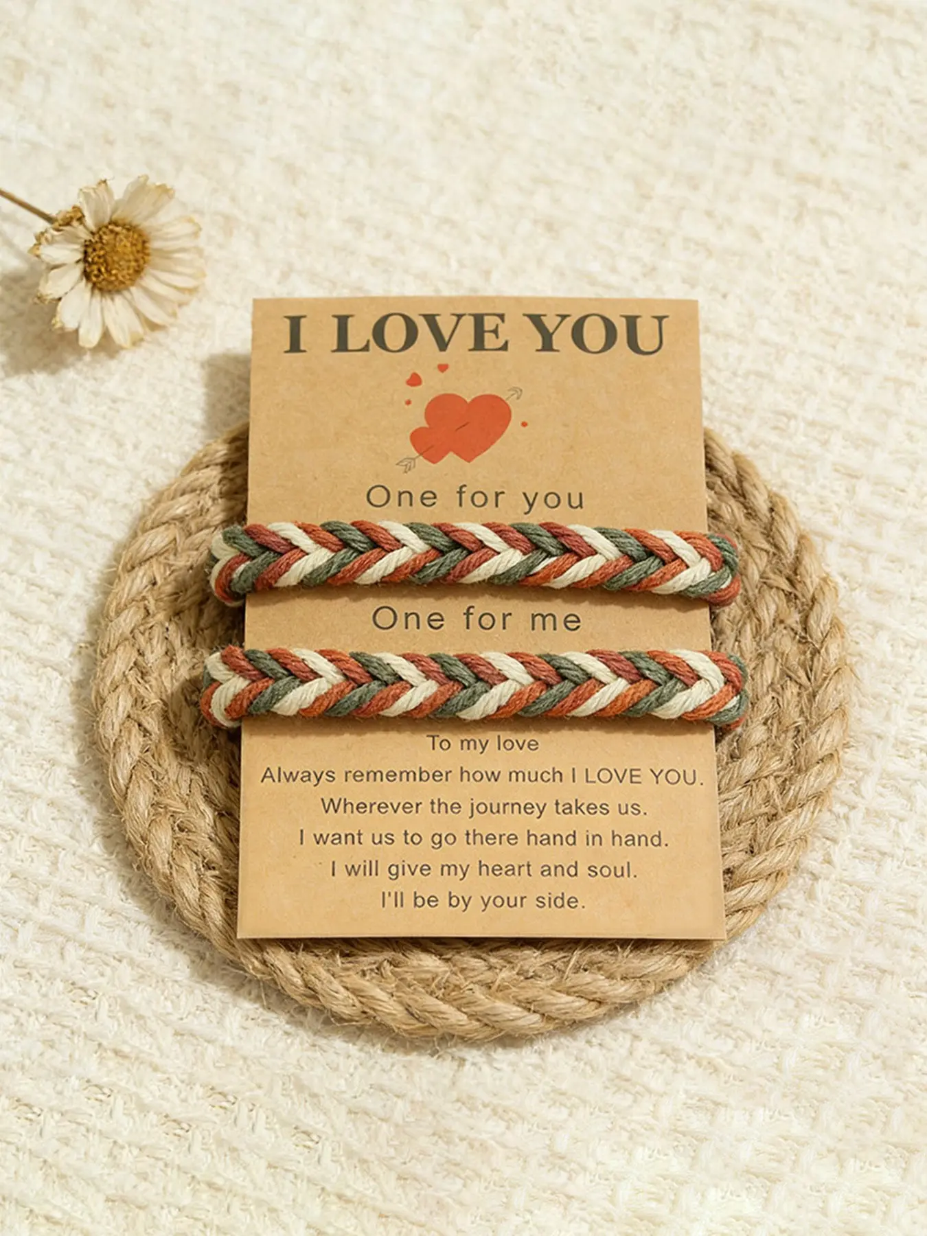 2 Piece Set Colorful Woven Couple Bracelet with Love Card, Handmade Bohemian Style Friendship Bracelet for Couples and Friends