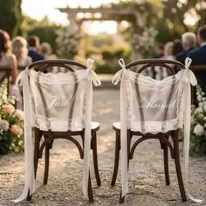 Just Married Chair Signs for Wedding Ceremony, Set of 2 Romantic Fabric Lace Wedding Chair Decorations with Ribbon, Bride and Groom Chair Banners for Reception Sweetheart Table Chairs Back Decor