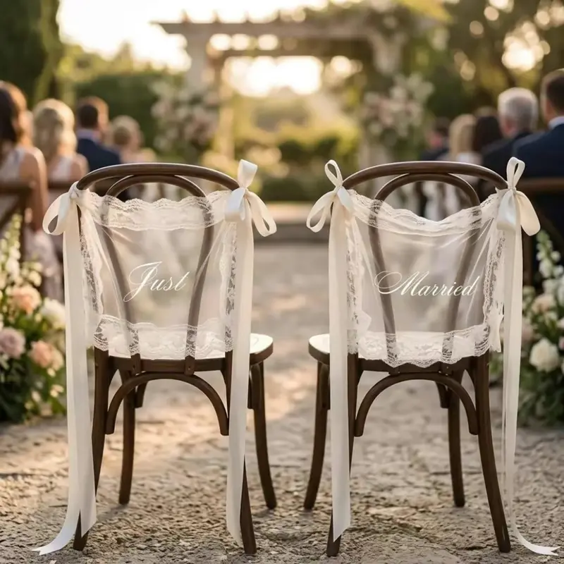 Wedding 2-Piece Classic Just Married Chair Signs - High-Quality Fabric Lace Decorations with Ribbon, Boho/Vintage Fit, Easy-to-Attach, Lightweight Reusable Multifunctional Banners for Reception Sweetheart Table Backs (2 Signs for Table)