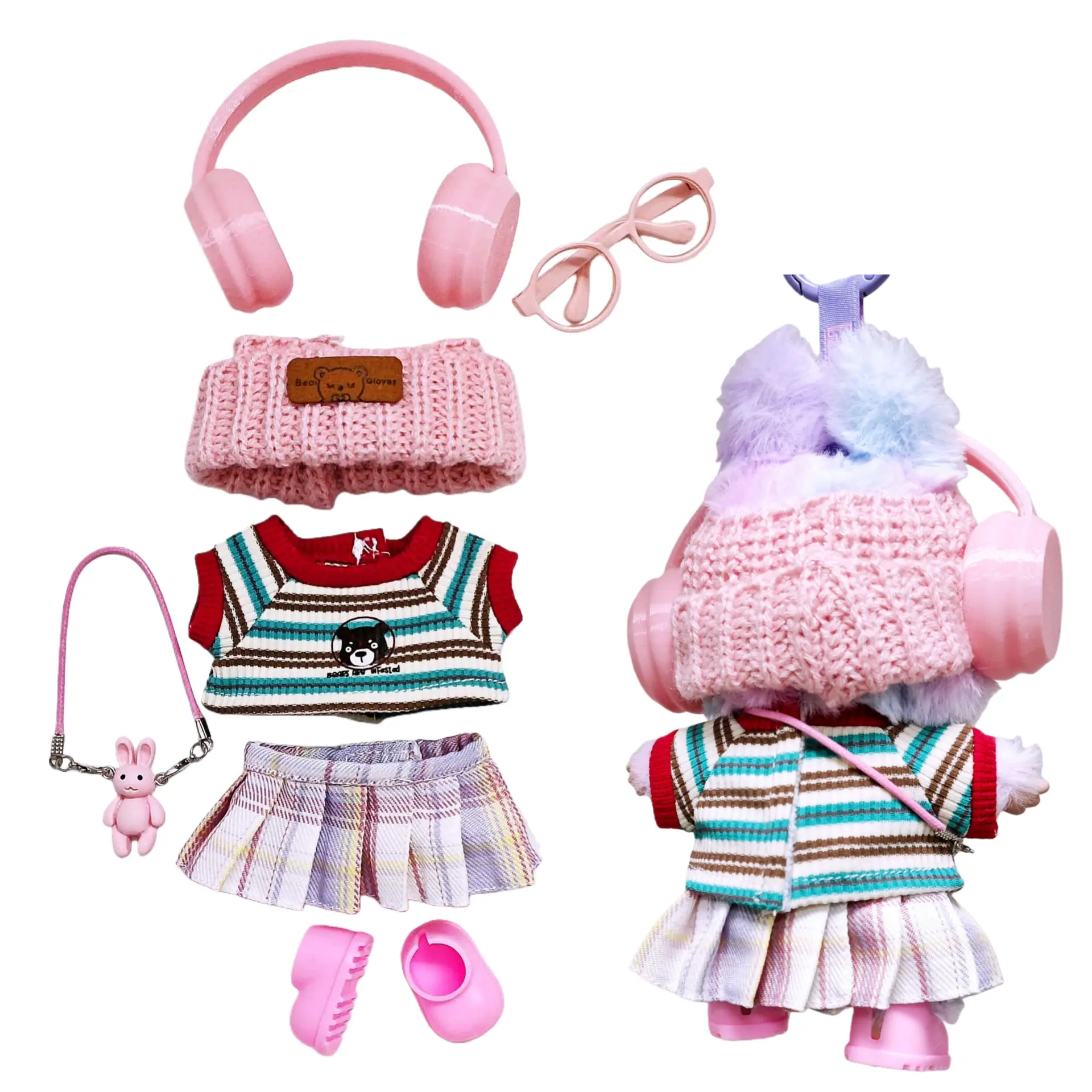 17cm Doll Clothes Outfit - 7-Piece High-Fashion Pink Dress-Up Set with Skirt, Pants, Glasses, Hat, Shoes, Earphones, High-Quality Soft Fabrics, Superior Craftsmanship, Display Ready Wardrobe Accessories for Dolls