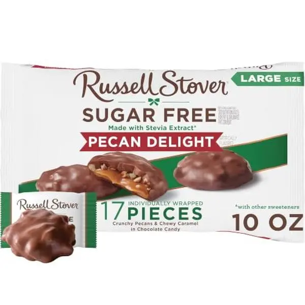 Russell Stover Sugar Free Pecan Delights with Stevia, 10 oz. Bag | ZERO SUGAR, STEVIA EXTRACT, DESSERT, SNACKING, ASSORTED CHOCOLATE, ASSORTED FLAVORS