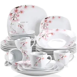 30-Piece Porcelain Dinnerware Set with Pink Floral Pattern White Plates Bowls Cups Saucers for 6 Dishwasher Safe Microwave Oven Safe