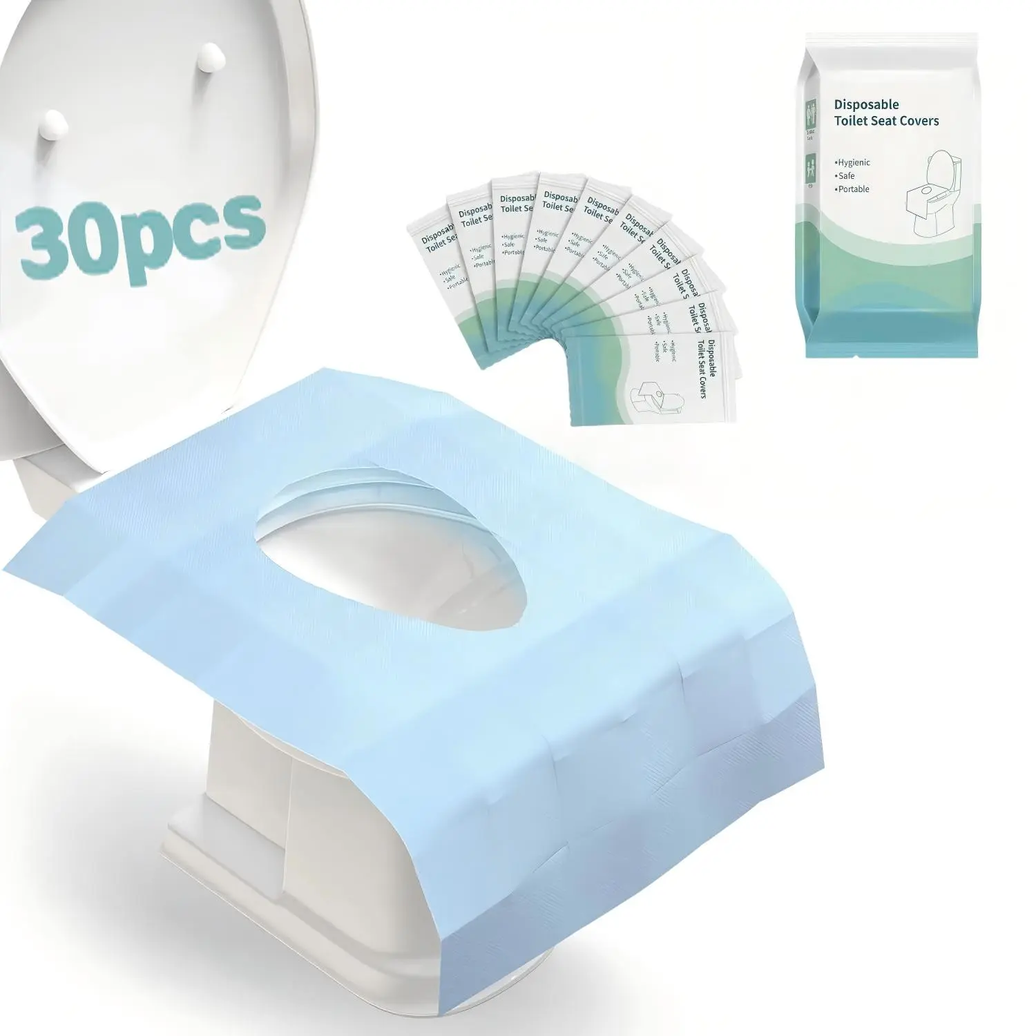 Disposable Toilet Seat Cover Set (30 Pcs, 24x25 in) - Waterproof, Foldable, Extra-Large, Adhesive Tabs, Soft, Non-Slip, Portable Hygienic Barrier for Adults, Travel, Airports, Single-Use Toilet Lid & Tank Covers, All Seasons