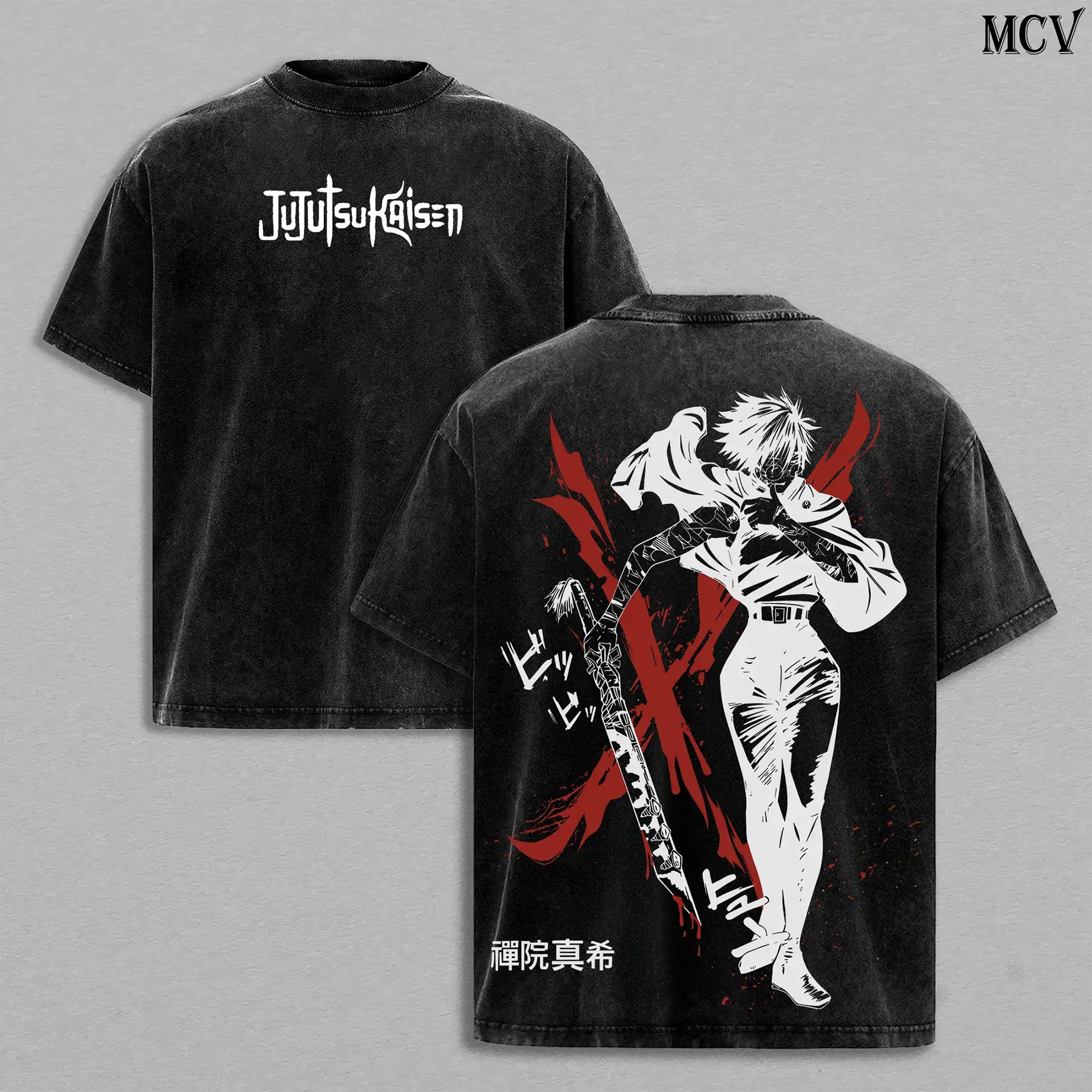 Maki Zenin Menswear Loose Short-Sleeve T-Shirt - Jujutsu Kaisen Execution Culling Game Arc Vintage Oversized Heavy Cotton Double-Printed Anime Manga Graphic Top, Retro Unisex Streetwear, Zenin Clan Demon Edition, Shortsleeve