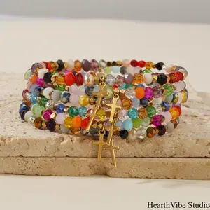 Cross Charm Bracelet with Greeting Card — Natural Stone Colorful Beaded Wristband — A Gift for Girlfriends, Best Friends, and Women