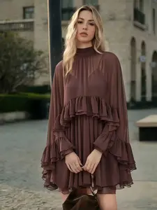 2026 Hot Selling Semi-Sheer Chiffon Ruffle Dress With Outer Cape for Women Boho Flowy Bell Sleeve Chiffon Top Sexy See Through Sheer Ruffle Hem Shirt Tops Womenswear