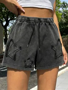 Y2K Trendy Unisex Star Pattern Shorts Bottoms, Cotton Comfortable Streetwear, Elastic Waist, Loose Fit, Couples Style, Retro Washed Look
