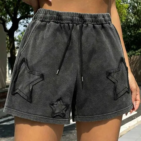 Y2K Trendy Unisex Loose Fit Star Patched Adjustable Elastic Waist Shorts, Bottom, Cotton Soft Comfortable Casual Streetwear, Retro Washed Look