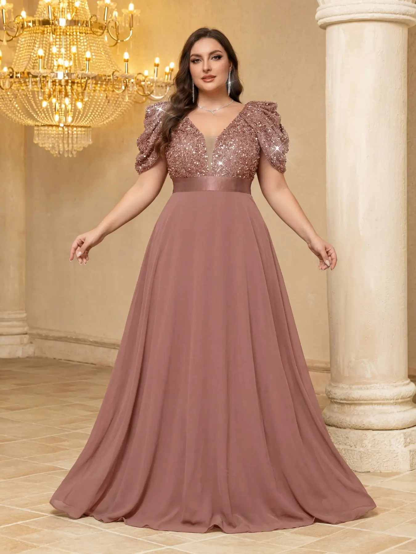 Deep V Neck Cape Sleeve Sequin Patchwork Solid Lightweight Chiffon Elegant Glamorous Chic Floor-Length Evening Party Formal Wear Dress Evening Glam Gown