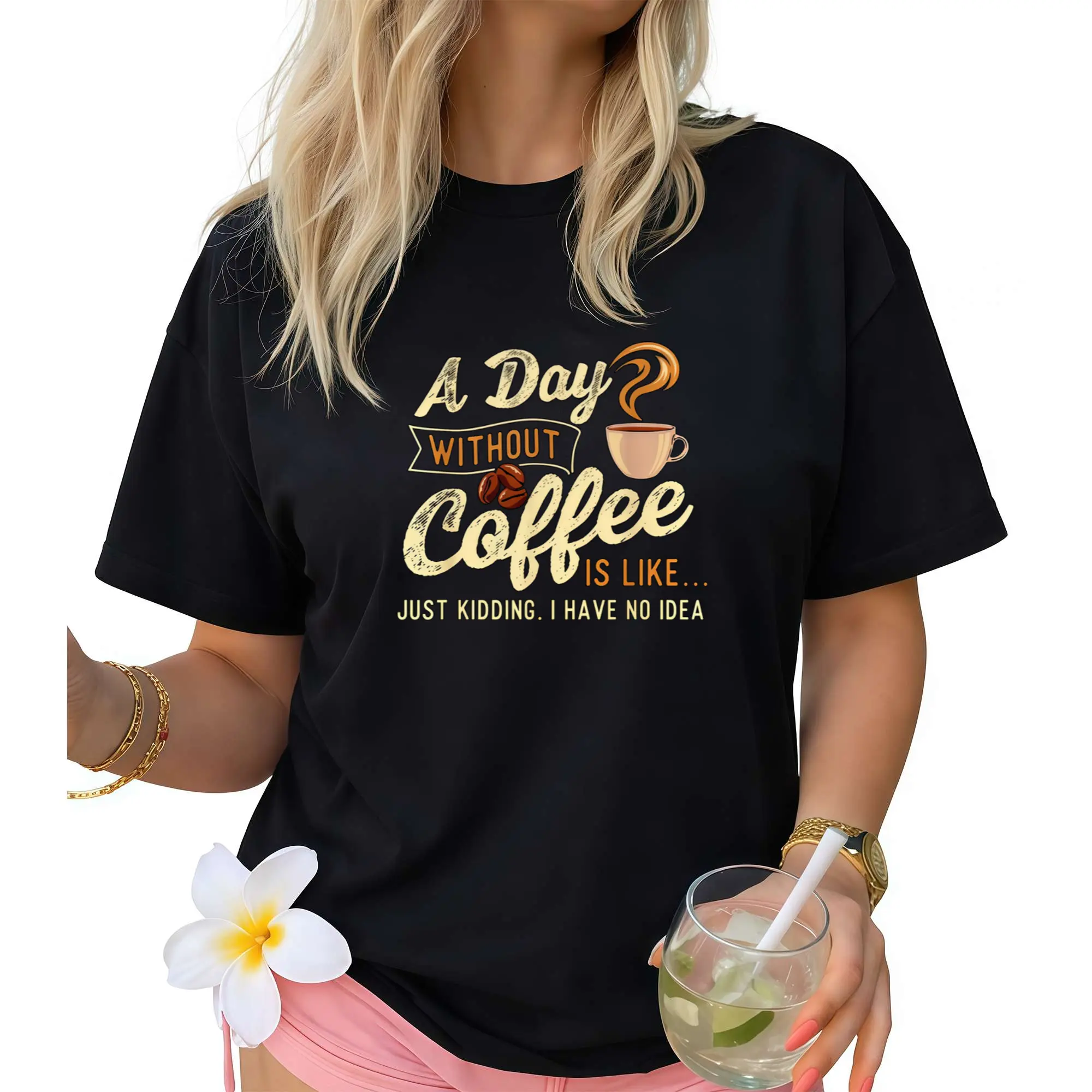 Women's Funny Coffee T-Shirt - "A Day Without Coffee Is Like... Just Kidding" Slogan & Coffee Bean Graphic, Slim Fit Short Sleeve Round Neck Casual Blouse Top Suitable for Spring Summer Outfits, Coffee Shop Attire, Gift for Caffeine Lovers