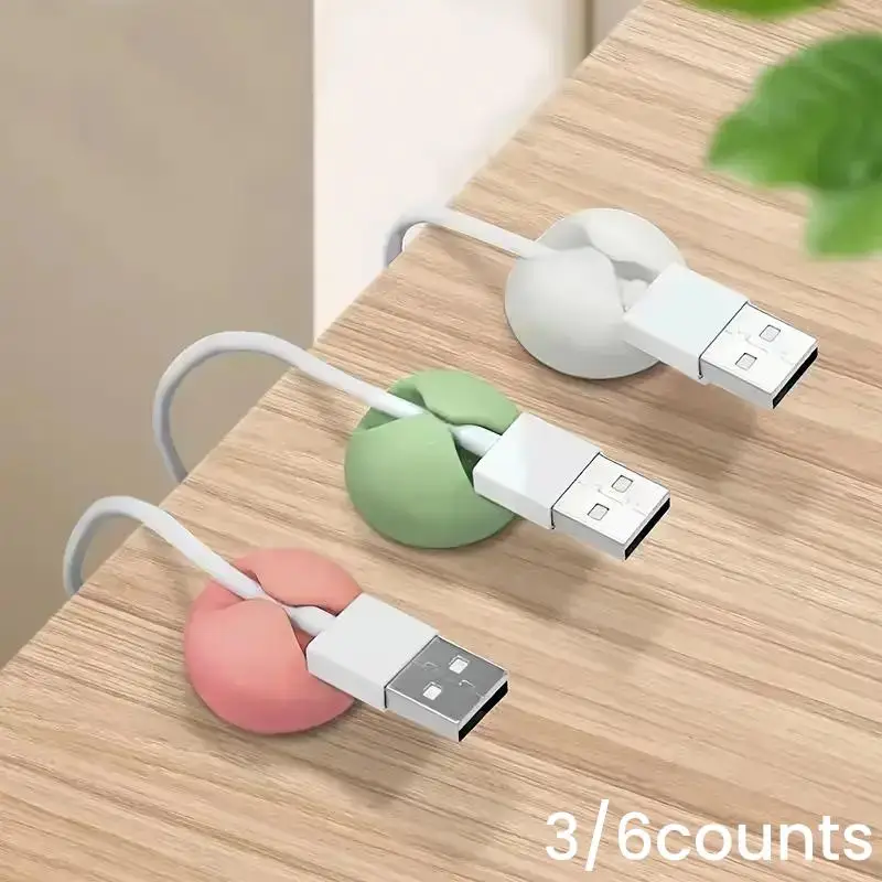 Data Cable Fixer, 3/6counts Multipurpose Desktop Charging Cable Organizer, Multifunctional Self-adhesive Data Cable Holder for Home Office, Summer Gif
