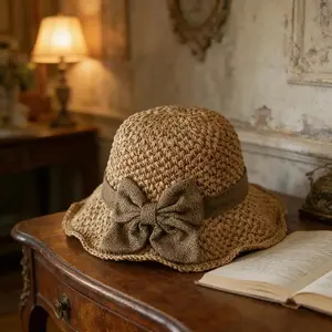BeadBreath French Girl Style Straw Sun Hat, Foldable Packable Woven Hat with Bow, Breathable Lightweight Sun Protection Hat for Summer Beach Vacation
