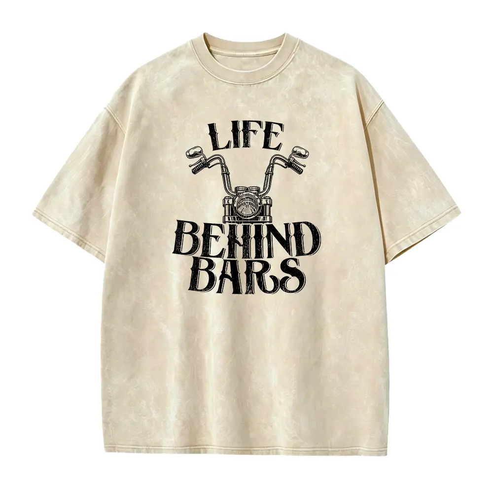 Life Behind Bars Motorcycle Handle Distressed Graphic Tee, Black Funny Biker Humor Casual Unisex Short Sleeve Top