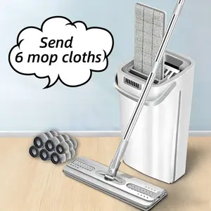 Hand Wash Free Flat Mop with Bucket And 6pcs Of Cloth for Both Dry And Wet Household Use, One Mop for Cleaning Bedrooms, Kitchens, Bathrooms, Dust Removal, And Floor Mopping