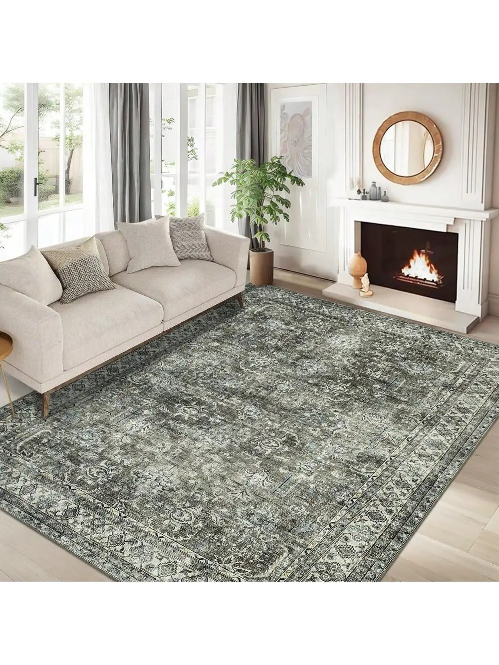 Gaomon 5x7 ft Vintage Distressed Floral Polyester Fiber Indoor Area Rug - Brown Green, Low Pile, Machine Washable, Non-Slip, Non-Shedding, Stain Resistant, Foldable for Bedroom & Various Room Types