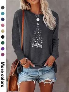 Women's Christmas Tree Letter Print Knitted Long Sleeve Round Neck Casual Fitted Top, Comfortable Fabric, Available in 9 Colors