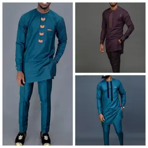 New 2-Piece Luxury African Traditional Men’s Clothing Set – Elegant Full Suit with Pants for Dressing as a Local/Ethnic Style, Dashiki Kaftan, Long Sleeved, Beige