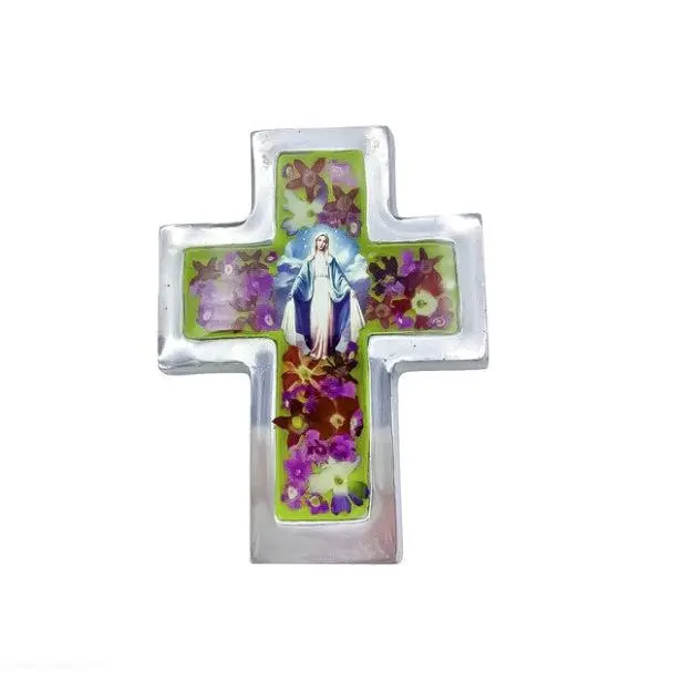 2.4" x 3.5" Lady of Grace Pressed Flowers Cross