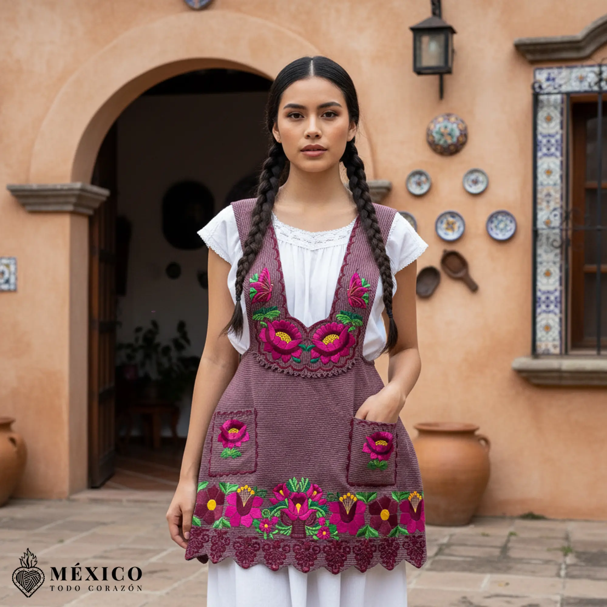 Pink Mexican Traditional Embroidered Apron - Comfortable, Durable Blend Fabric Apron with Fuchsia Flower Design, Ideal for Gifting | Mexico Todo Corazon, Lightweight