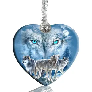 Wolf Ceramic Ornament Christmas Ornaments Holidays Ornaments Creative Heart Porcelain Ornament Christmas Tree Home Decoration, Wolf